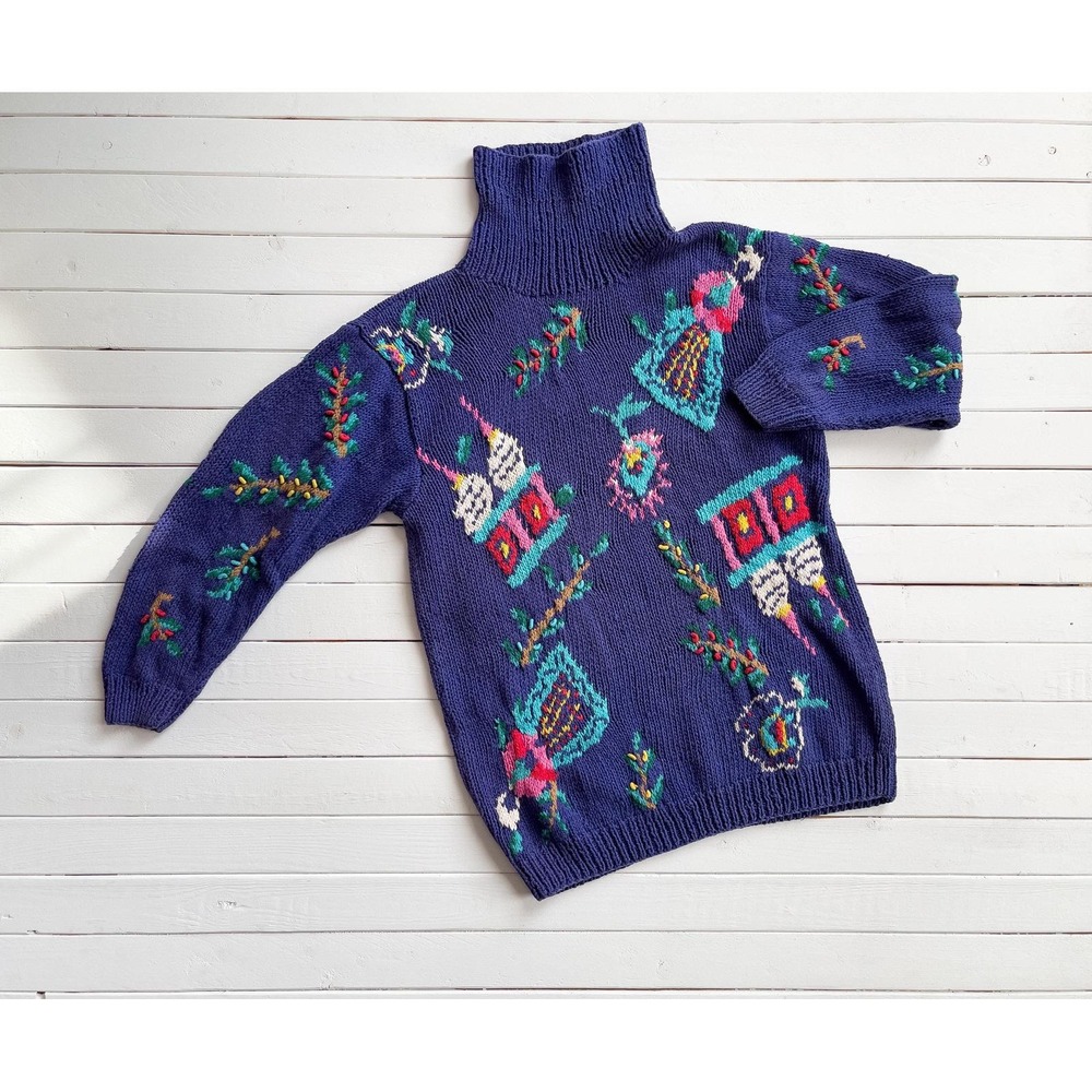 vintage Jennifer‎ Reed Russian church blue folk art embroidered sweater